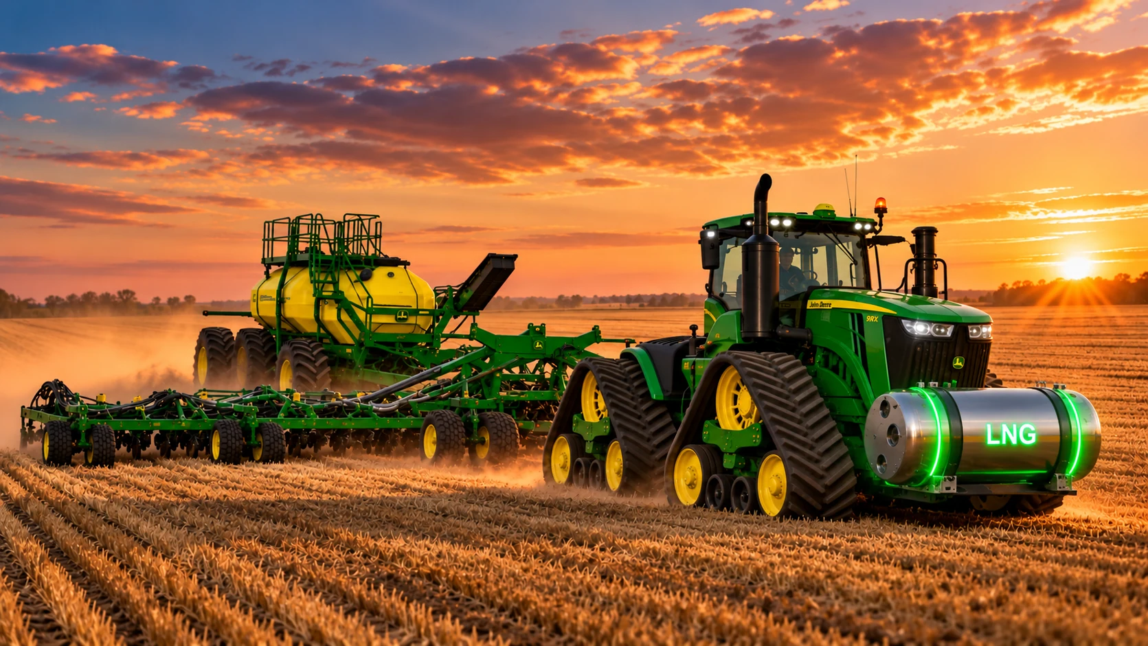 Green tracked tractor working agricultural land at sunset